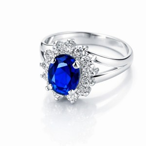 Cincin Perak 925 Simple Elegant Model RL018A untuk Wanita dengan Batu Blue Sapphire Sintetis 